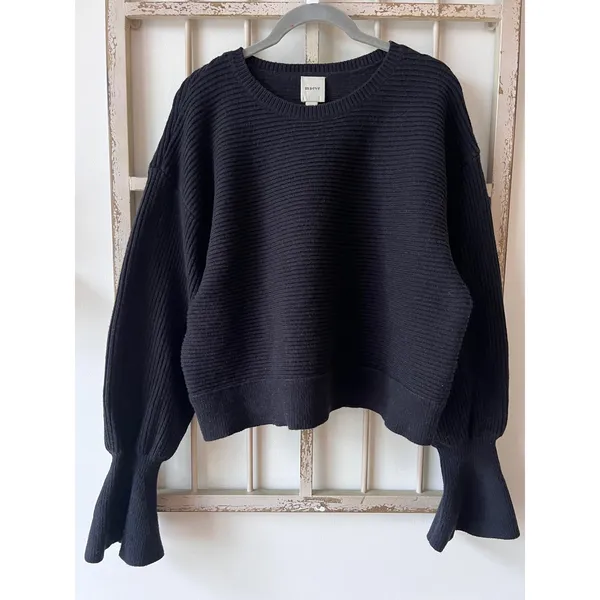 Anthropologie Maeve‎ Black Ribbed Knit Pullover Sweater Bell Sleeve Size Medium - Image 3