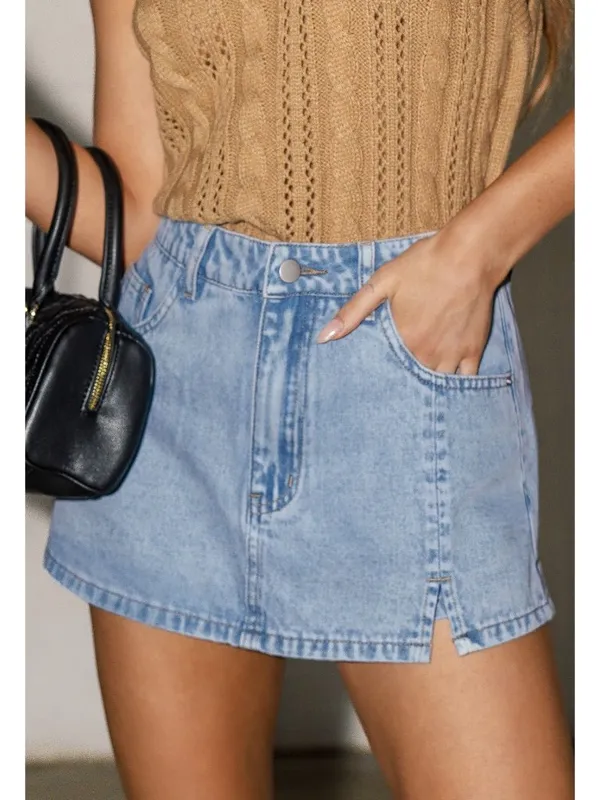 NWT Cupshe Blue Denim Notched Hem Mini Skort - Size: Extra Large - Image 9