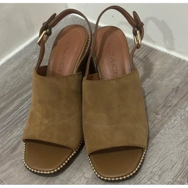 Coach Suede Block Heel Sandals Tan Brown Slingback Beaded Trim Womens Size 5.5 - Image 2