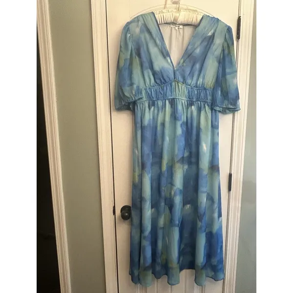 Sissyyaki Women’s XL Blue Green Watercolor Floral V Neck Empire Waist Maxi Dress - Image 13