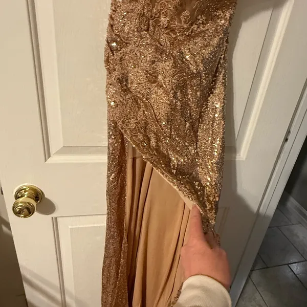Strapless Gold‎ Embellished Gown By Ladivine CD3936 Size 4 - Image 4