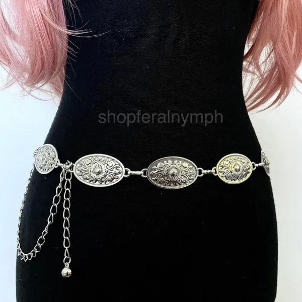 Silver Y2K Western Floral Oval Concho Chain Belt, Fits 25-44 Inches, X7GA1363 - Image 3
