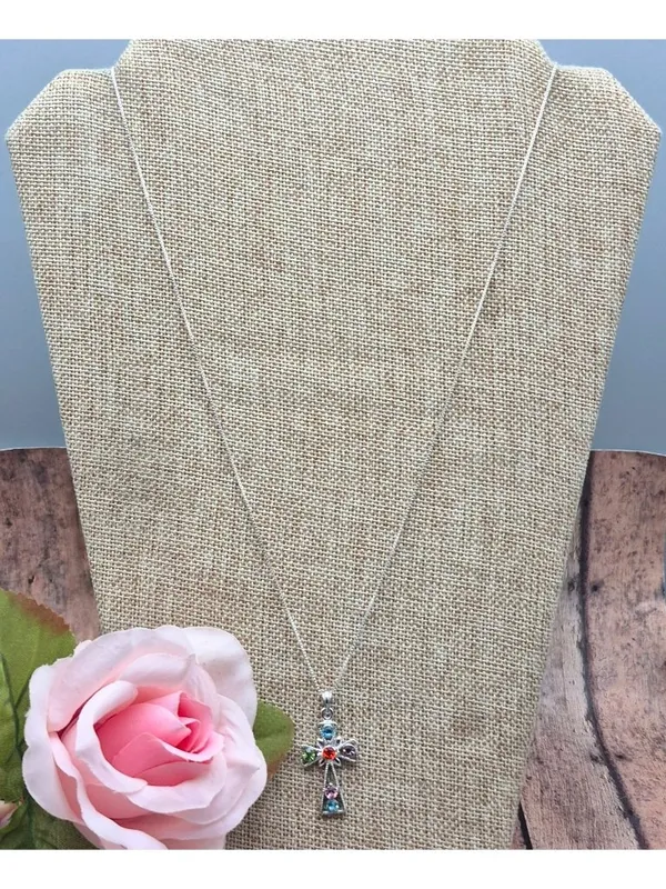 925 Sterling Silver Box Chain Pendant Necklace Dainty 30" Colorful Crystal Cross - Image 3