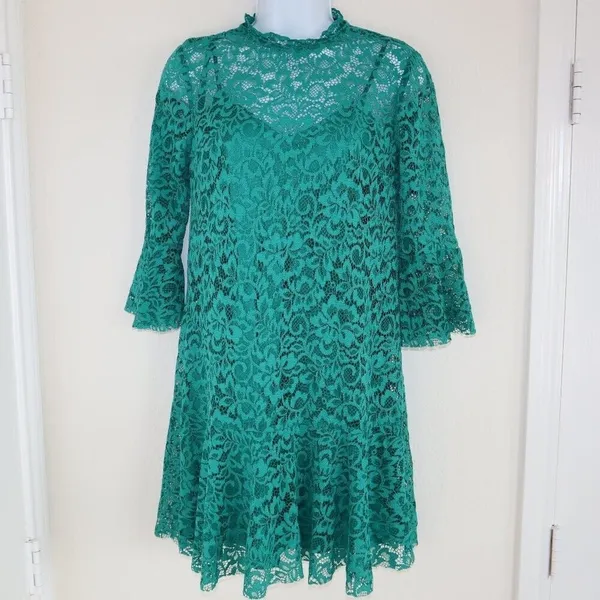 ZARA Lace Dress Sz XS Flower Patterns Green with matching slip - Image 2
