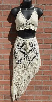 Crochet Two Piece Beach Set Size Small White - Image 2