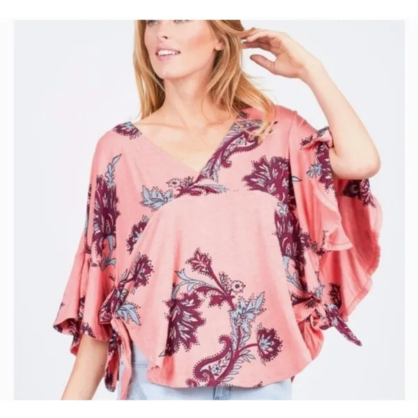 Free People Maui Wowie Pink Paisley Boho Top XS Oversized Flowing Side Ties - Image 3