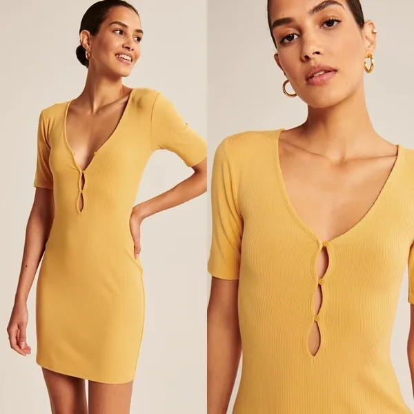 Abercrombie | NWT Triple‎ Keyhole Knit Mini Dress in Yellow Size Large - Image 2