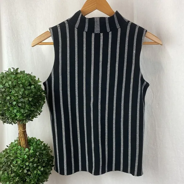 Anthropologie Moth Gray & White Striped Mock Turtleneck Sleeveless Knit Top S - Image 2