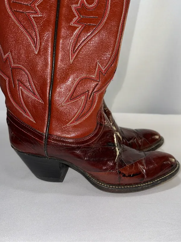⁠Dan Post Vintage Eel Skin Patchwork Western Boots Womens Size 5.5B Cognac - Image 8