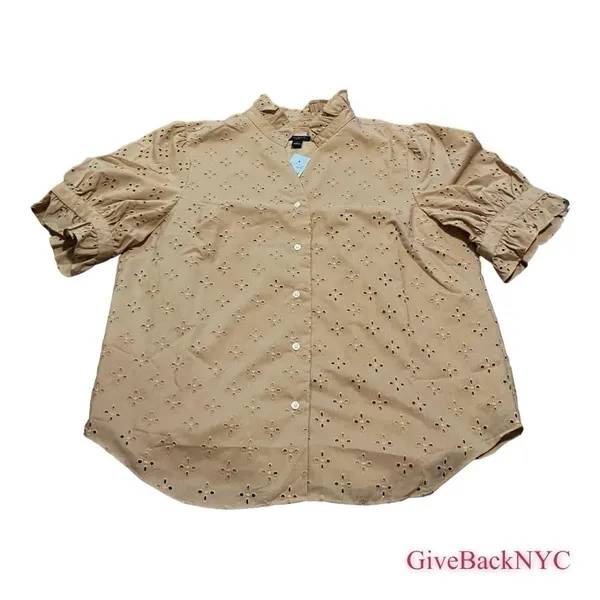 Ann Taylor Eyelet Ruffle Button Down Blouse Beige Size LP - Image 3