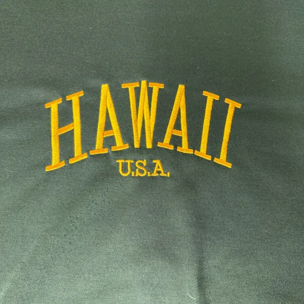 Shein Hawaii USA Embroidered Sweatshirt Forest Green Yellow Lettering Womens L - Image 3