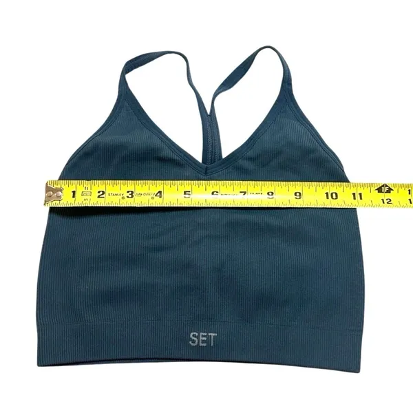SET Active SCULPTFLEX Ribbed V Bra Model Off Duty Pilates Gym Top Teal Blue XS/S - Image 4