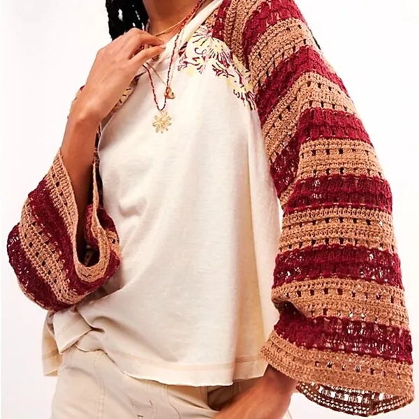 Free People Festival Ready Tee Crochet Sleeve Cream & Rust Knit Top Size Large - Image 11