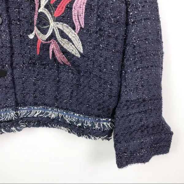 Foxiedox Floral Embroidered Fringe Tweed Jacket Dark Blue Women's Size Medium - Image 6