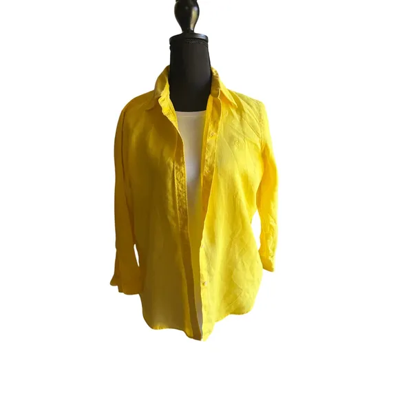 Coastal Summer Yellow 100% Linen Button Front Shirt Small Chaps 1978 - Image 2