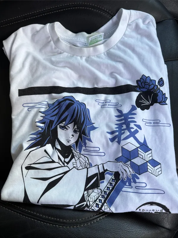 White Graphic Men’s Shirt with Blue & Black Anime Giyou Tomioka Demon Slayer - Image 3