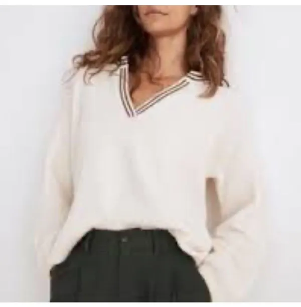 Madewell Cream V Neck Sweater XS Long Sleeve Striped Trim Relaxed Fit XS - Image 2
