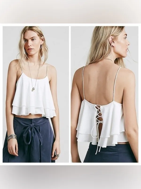 Free People Tropical Wave Tie-Back Layered Ruffle Crop Top | Cream - Small - Image 6