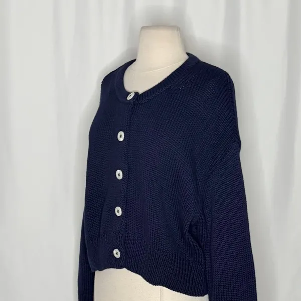 CAROLINE CONSTAS Navy Blue Cotton Cropped Cardigan Sweater Quiet Luxury Medium - Image 5