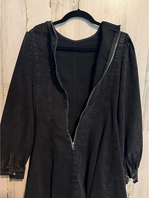 Black Acid Wash Denim Fit & Flare Mini Dress Puff Sleeve Size Small - Image 8