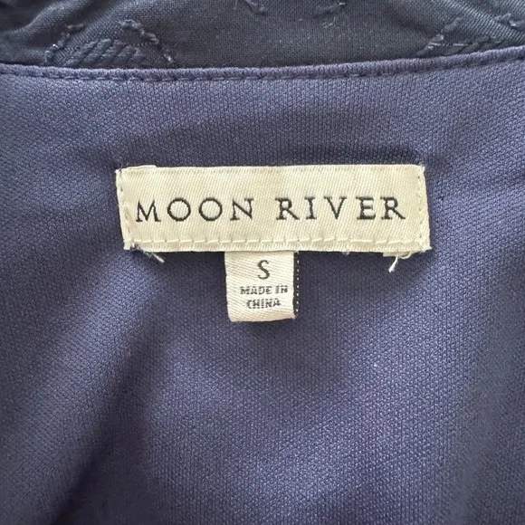 Moon River‎ Navy Polka Dot Midi Dress Small Sheer Long Sleeve Ruffle Tie Belt - Image 9
