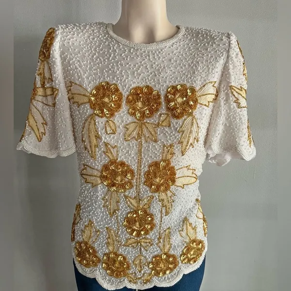 Vintage Silk Beaded Sequin Floral Top White Gold 80s Glam Party Blouse - Image 2