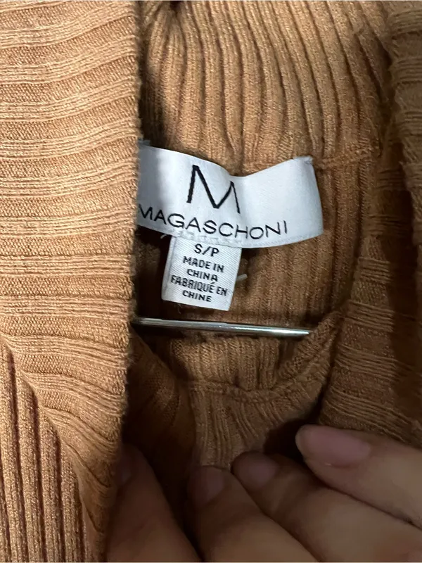 M Magaschoni Camel‎ Ribbed Knit Mock Neck Side Slit Midi Sweater Dress - Image 4