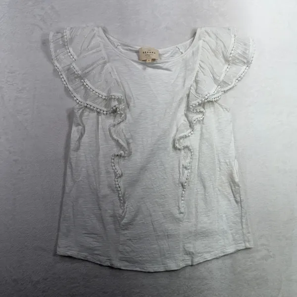 Sézane S Top Ruffle Swiss Dot Pom Pom Lace Slub Organic Cotton White Feminine - Image 2