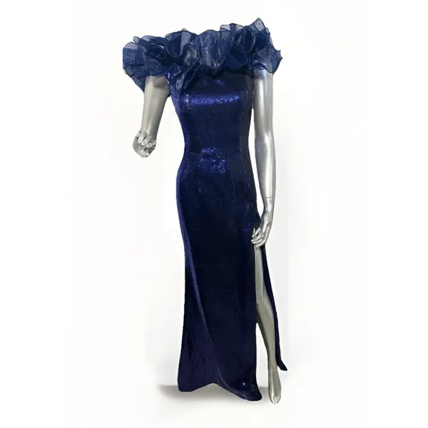 Sherri Hill 55328 Navy Blue Sequin Off-The-Shoulder Ruffle Gown – Size 00 - Image 2