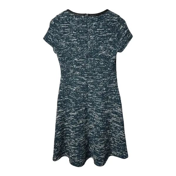 Talbots Tweed Fit & Flare Dress 6 Teal Blue‎ Faux Leather Trim Short Sleeve - Image 5