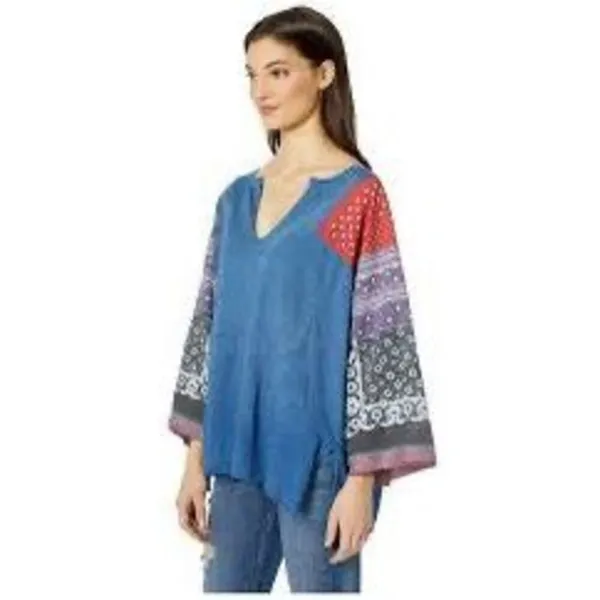 ✨FREE PEOPLE Shibuya Boho Sz Large Denim Patchwork Top✨ - Image 3