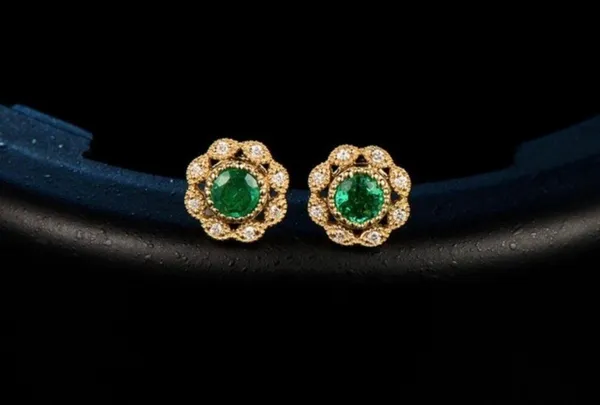 14K Gold Plated Diamond Green Gemstone Emerald Stud Earrings for Women - Image 2