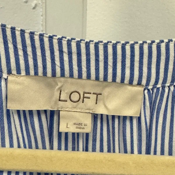 LOFT Striped Flutter Sleeve Tassel Tie Blouse Top Size Large Women's Blue‎ White - Image 6