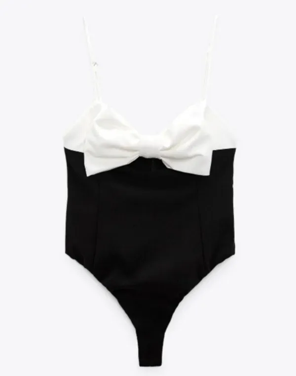 ZARA black bodysuit white bow top blouse - Image 7