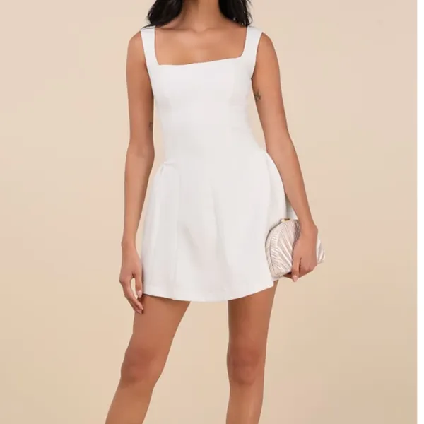 NEW Lulus Roetta White Sleeveless Square Neck Fitted Pleated Mini Dress Large - Image 3