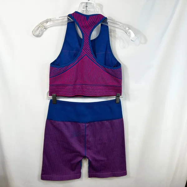 Fabletics Medium Workout Set Pink Blue Seamless Sports‎ Bra Bike Shorts 1597 - Image 6