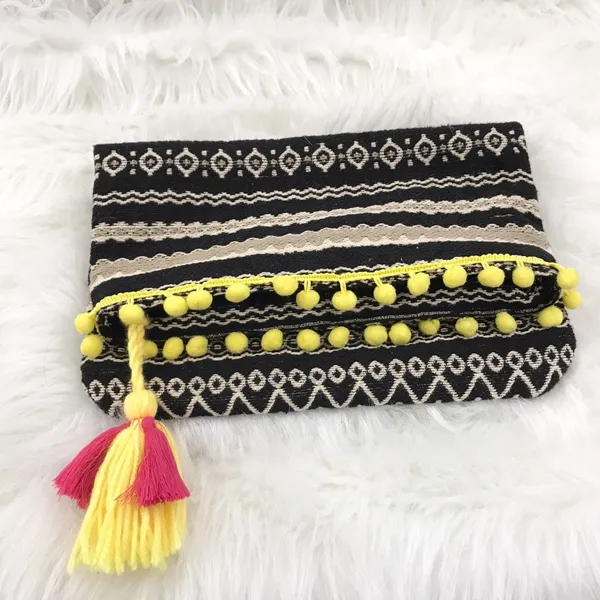 Just Fab Fold Over Bag Yellow Pom Pom Tassel‎ Trim Colorful Clutch Purse - Image 4