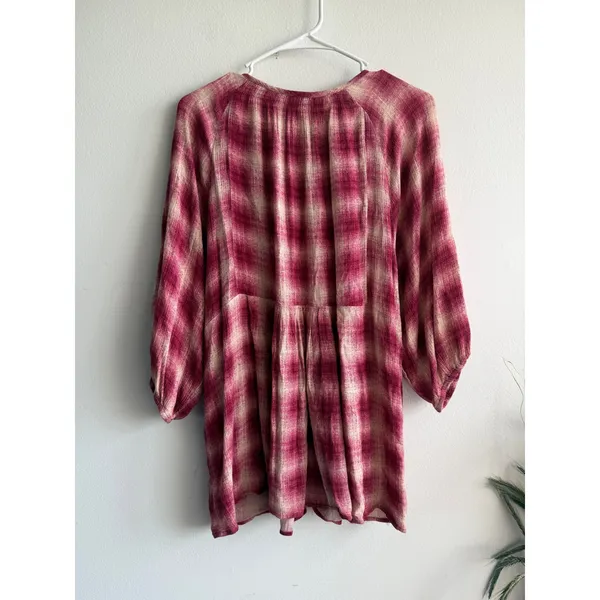 Maeve Anthropologie Womens Pink Plaid Rayon Tunic Top Boho Relaxed Large L - Image 2