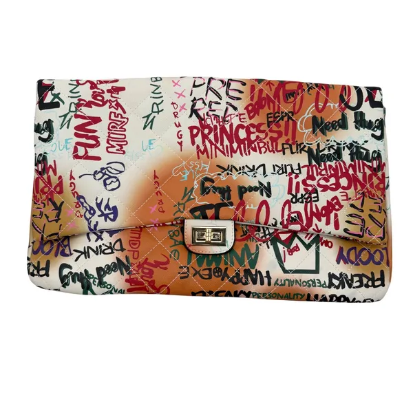 Graffiti Print‎ Quilted Shoulder Bag Women Large Multicolor Excellent Streetwear - Image 2