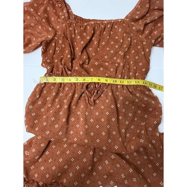 Lucky Brand Rust Dress Shimmer Peasant Boho Tiered Size M Midi‎ Puff Sleeve New - Image 5