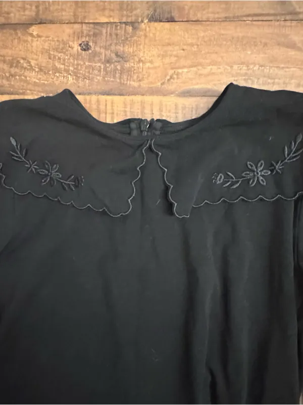 Papillon Blanc Black Long Sleeve Top with Scalloped Embroidered Collar - Image 2
