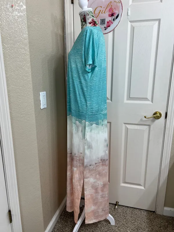 V-Neck Ombre Beach Maxi Cover-Up in Turquoise and Peach - Image 5