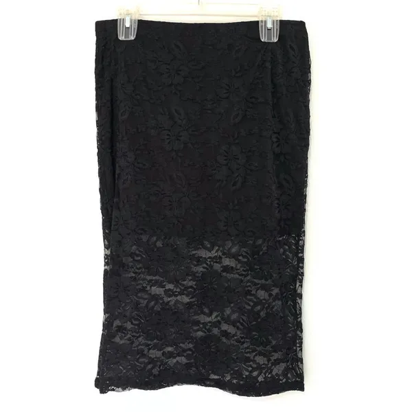 Black Floral Lace Pencil Midi Skirt XL Sheer Stretch Lined - Image 2