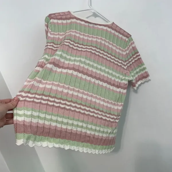 ALFRED DUNNER White Mauve Pink Green Chevron Striped Short Sleeve Sweater Top L - Image 12