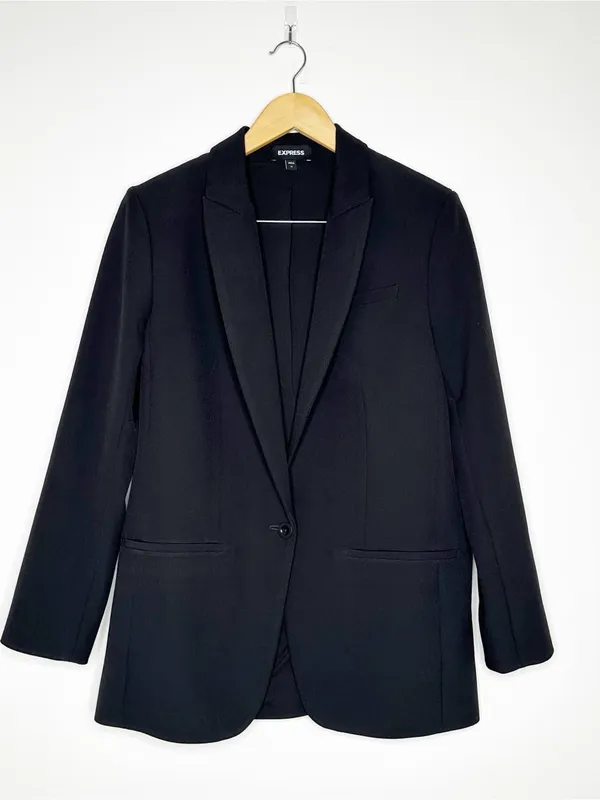 Express Studio Stretch Twill One Button Boyfriend Blazer Black Women's Medium NW - Image 3