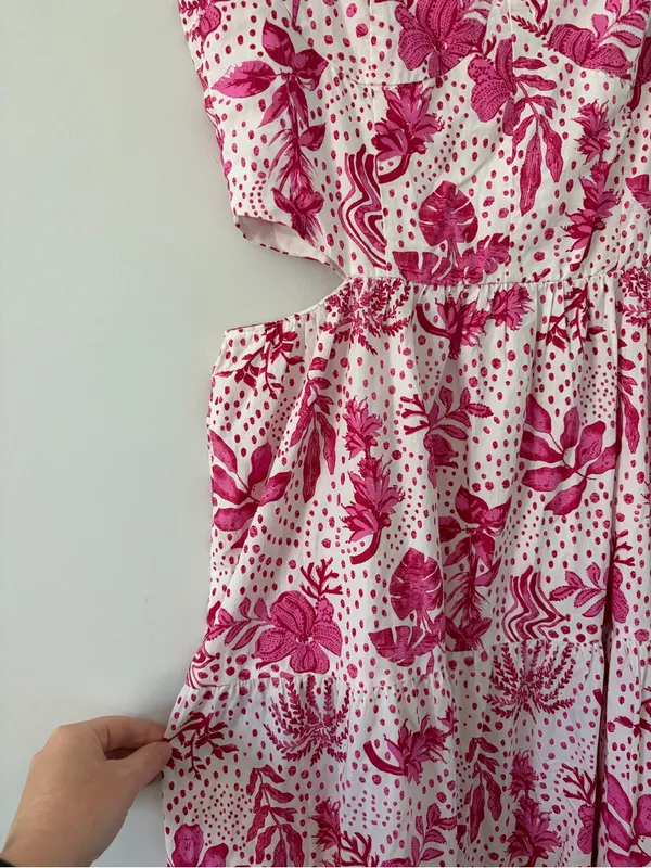 Zara Pink White Cut Out Floral Tiered Skirt Beaded Boho Cottagecore Maxi Dress M - Image 6