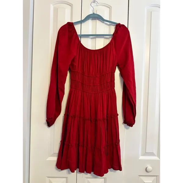 Altar'd State Mini Dress Cottagecore Red Smocked Tiered Long Sleeve‎ Medium NWT - Image 3
