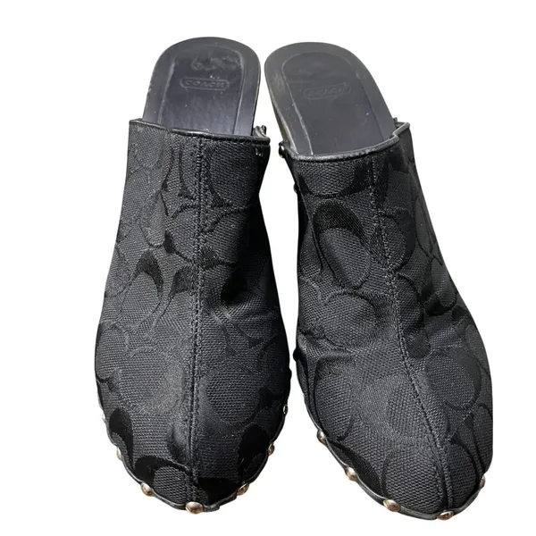 Y2K Coach Black Monogram Jacquard Studded Heeled Mules Wooden Clogs 7 - Image 2