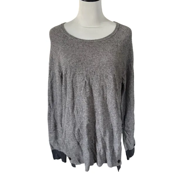 J. Crew Wool Blend‎ Sweater Sz M Gray Black Elbow Patches Two Tone Side Button - Image 2