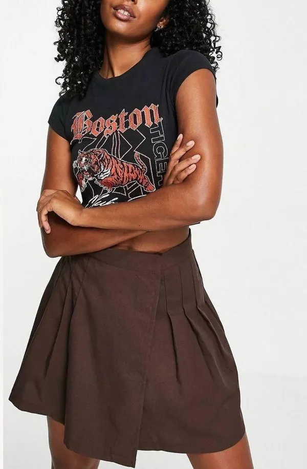 ASOS Y2K Mini Pleated Tennis Mini Skirt Brown Small Schoolgirl Wrap High Rise - Image 3